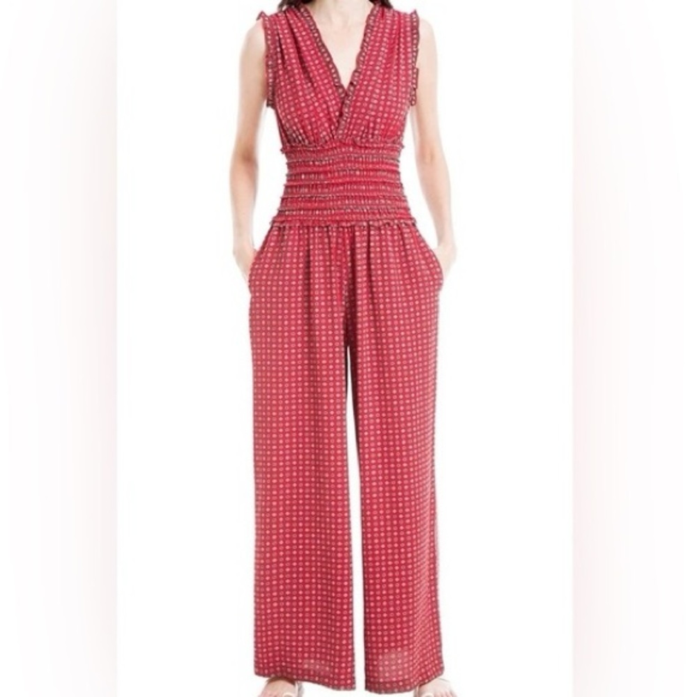 Max Studio Red Patterned Sleeveless Jumpsuit